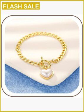 Gold-Plated Link Charm Bracelet with Pearl Heart Adjustable Dainty Chain